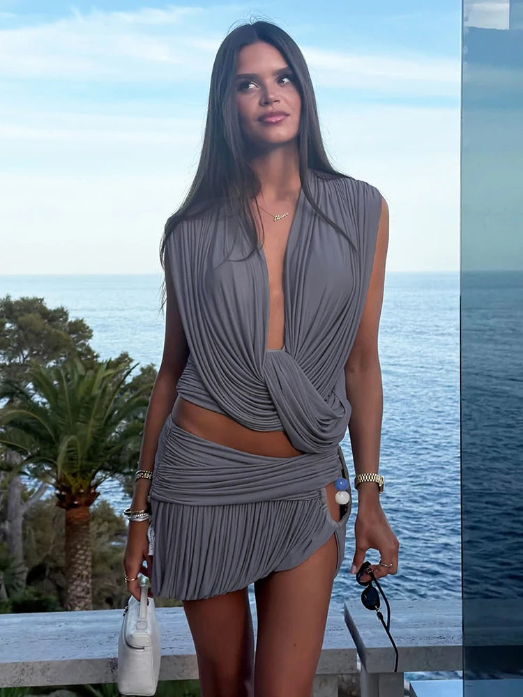 Bella Sexy Ruched Swing Collar Backless Two Piece Sets