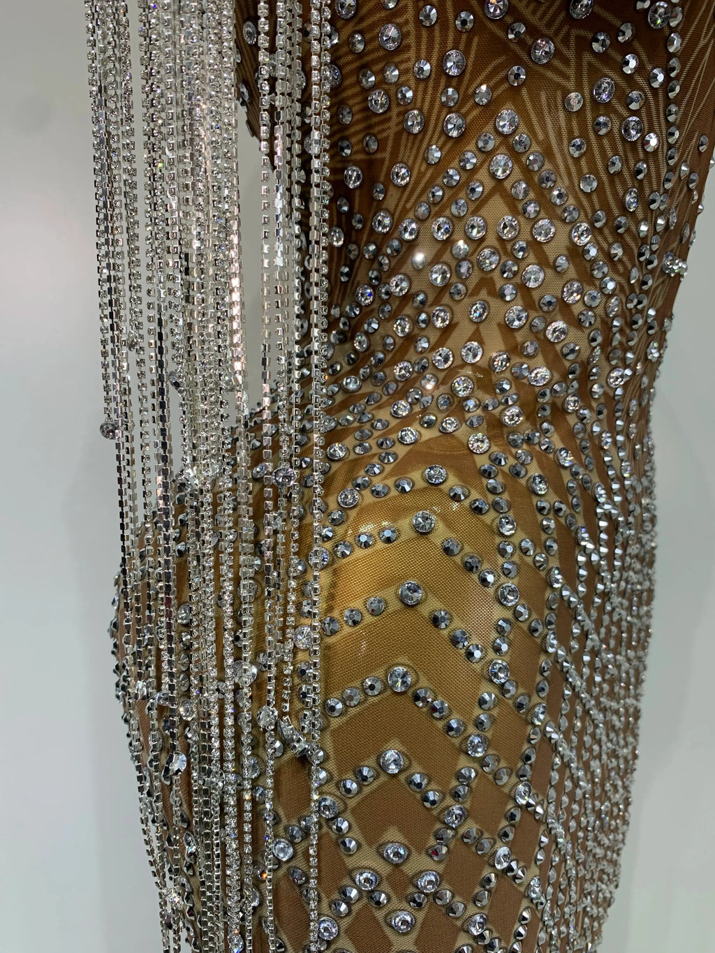 Bedford Luxury Sparkly Rhinestones Tassel Transparent Mesh Stretch Long Dress