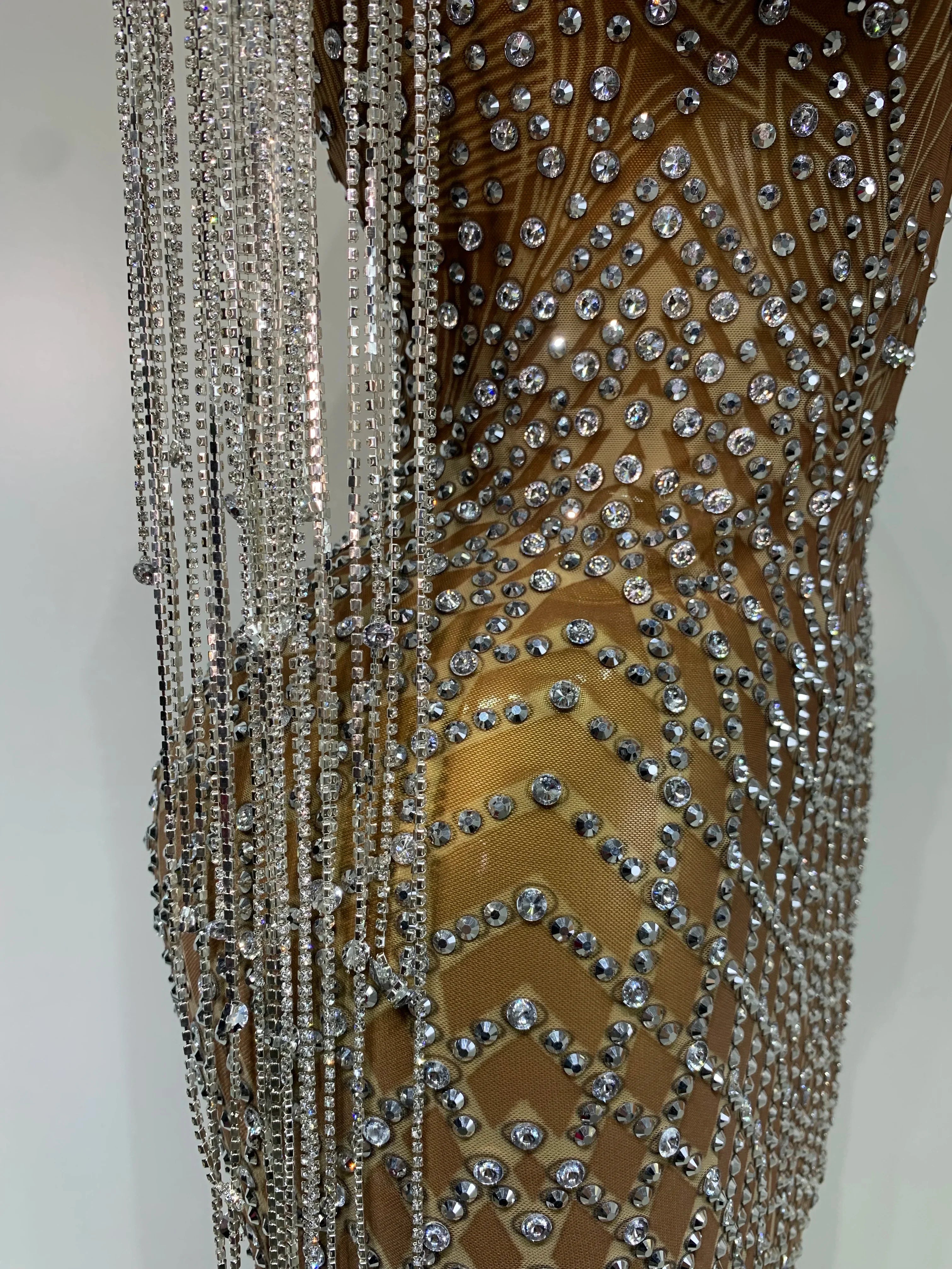 Bedford Luxury Sparkly Rhinestones Tassel Transparent Mesh Stretch Long Dress