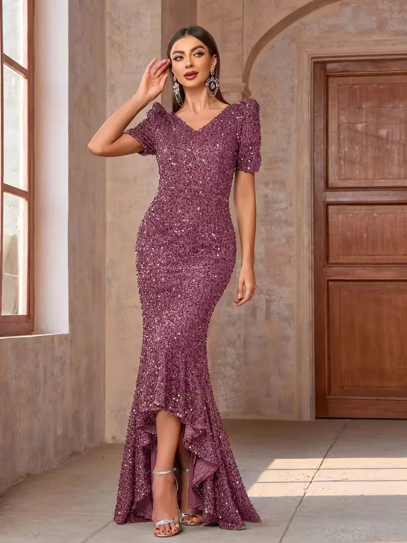 Miami Elegant Sequin Evening Gown Stunning Long Ruched Maxi Dress