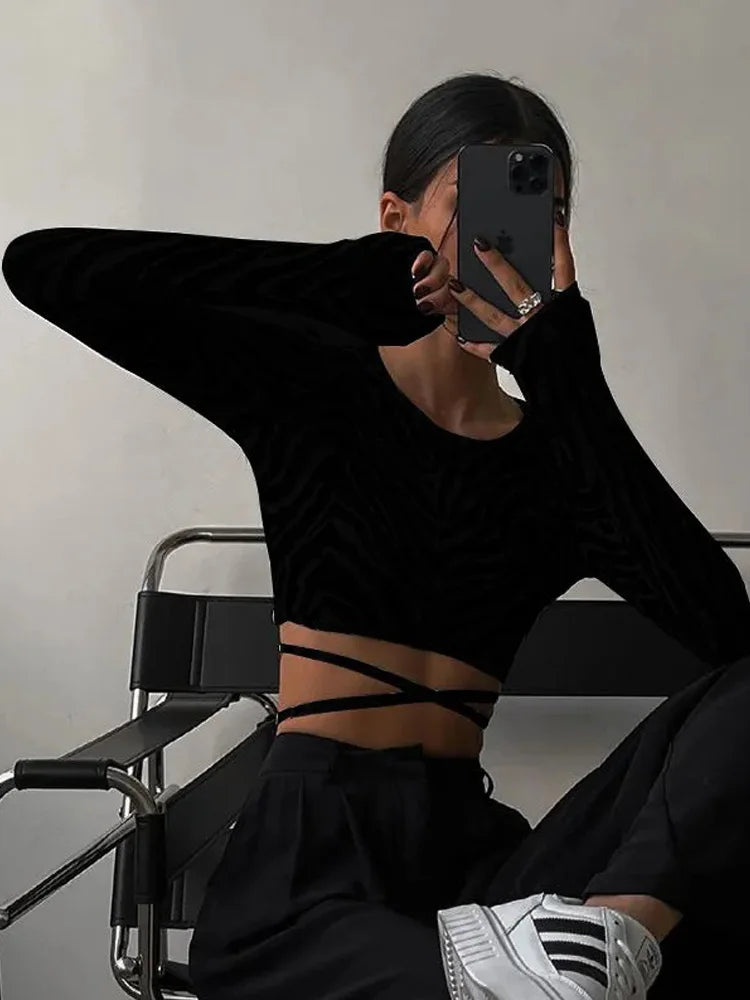 Saturn Sexy Backless Lace ups Pullover Black O Neck Slim Long Sleeve Tops