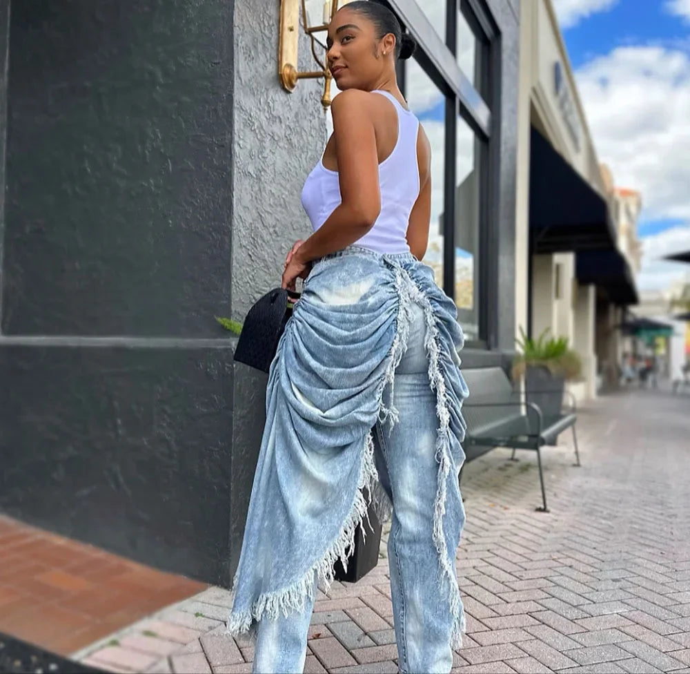 Absecon Ruched Frayed Trim Casual Contrast High Street Vintage Casual Asymmetric Denim