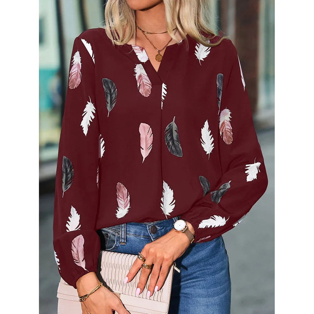 Jamesburg Casual T Shirt Fashion Feather Printed Long Sleeve V Neck Loose Blouses