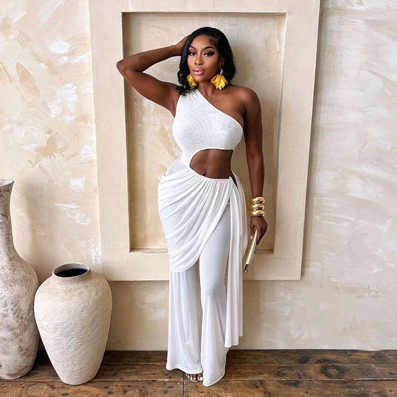 Alabama Mesh See Through One Shoulder Cutout Waist Jumpsuit Draped Overlay