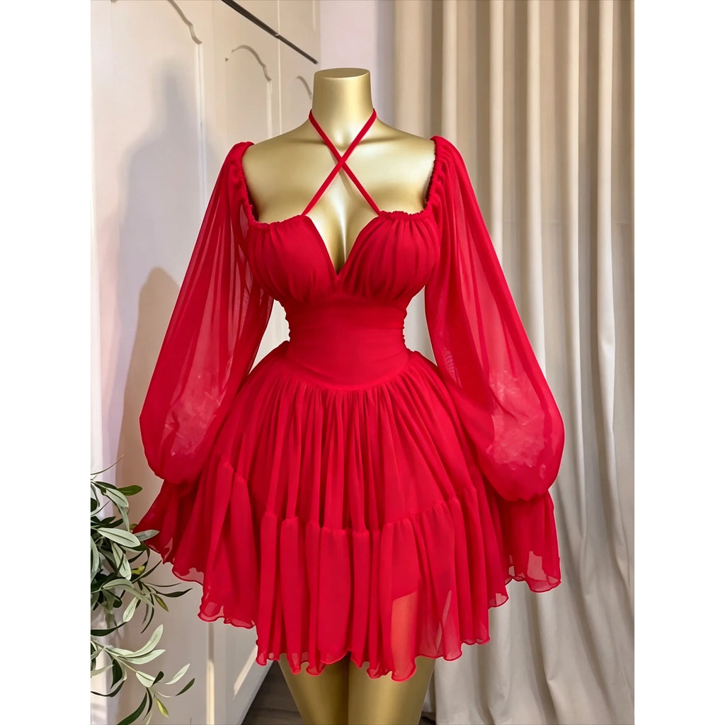 Saint Louis SL Flare Long Sleeve Strapless Halter Pleated Mini Dress