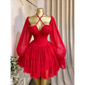 Saint Louis SL Flare Long Sleeve Strapless Halter Pleated Mini Dress