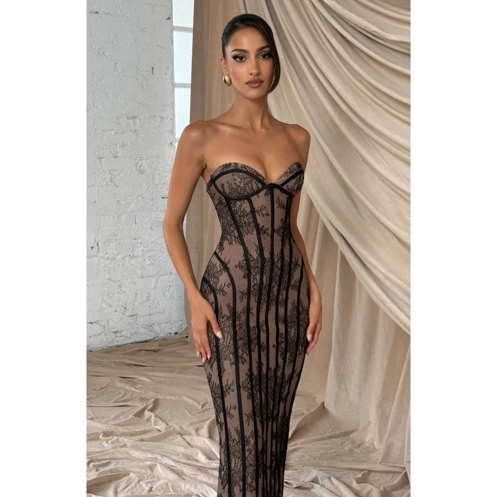 Belvidere Elegant Lace Strapless Waist Cinching Long Dress with Heart-Shaped