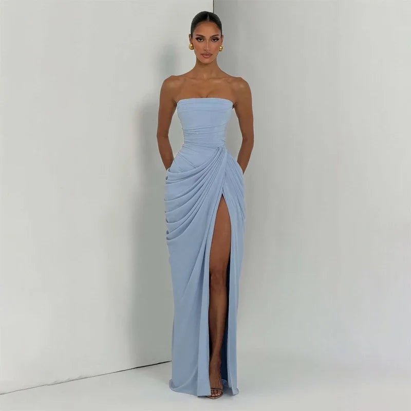 Tapansee Solid Sexy Pleated Strapless Off Shoulder Backless High Waist Split Maxi Dress