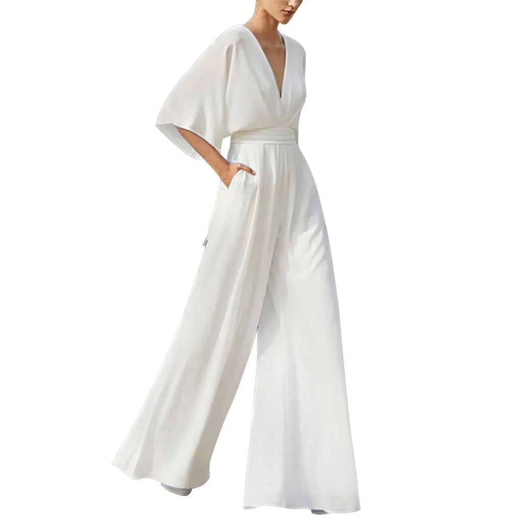 Deep V-Neck Half Solid Casual One-Piece