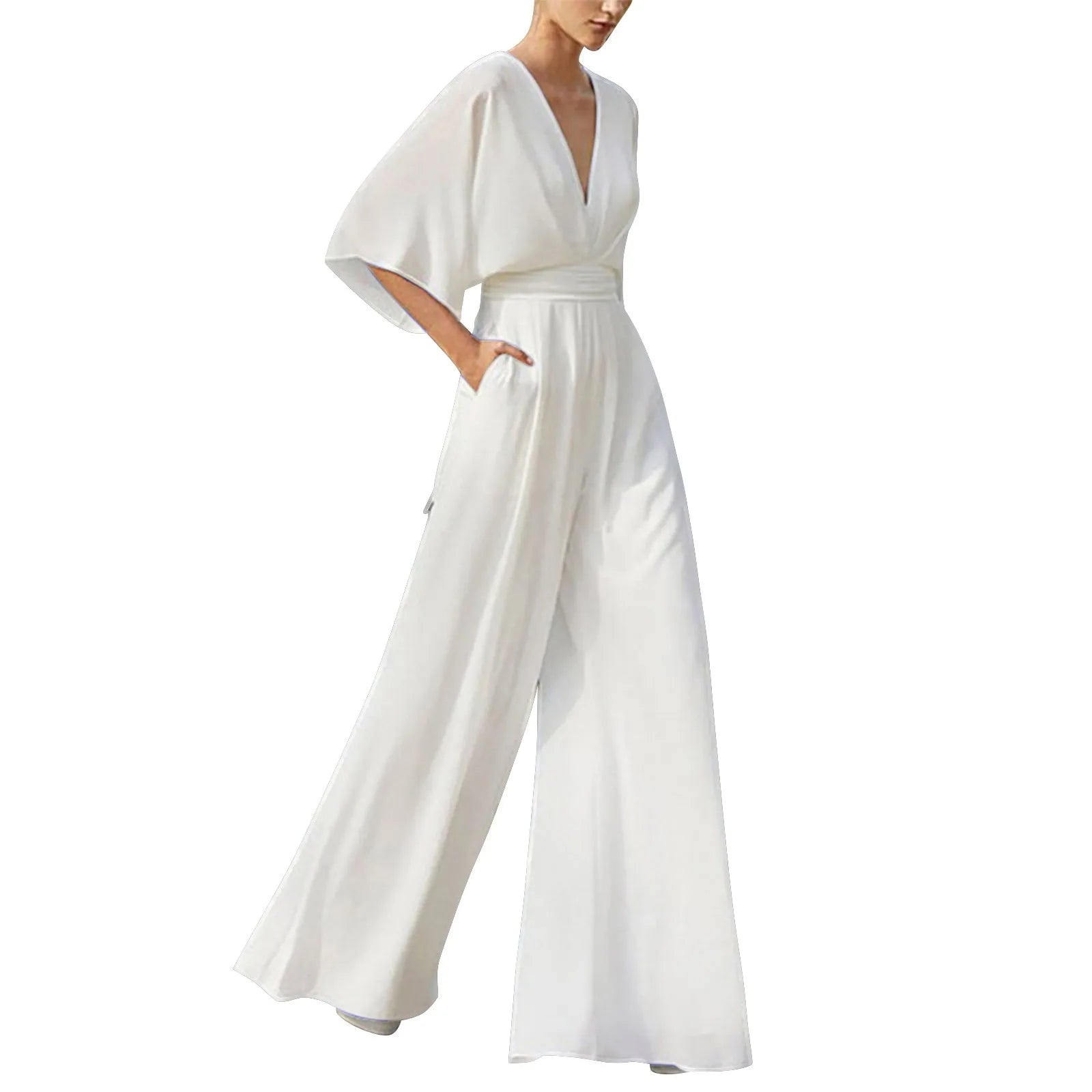 Deep V-Neck Half Solid Casual One-Piece