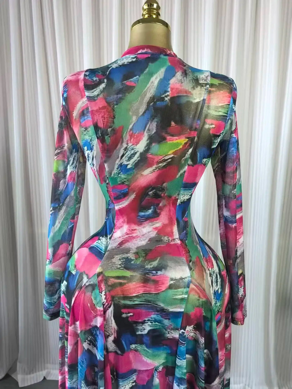 Turkunkan O Neck Long Sleeve Big Swing Tie Dye Print Long Dress