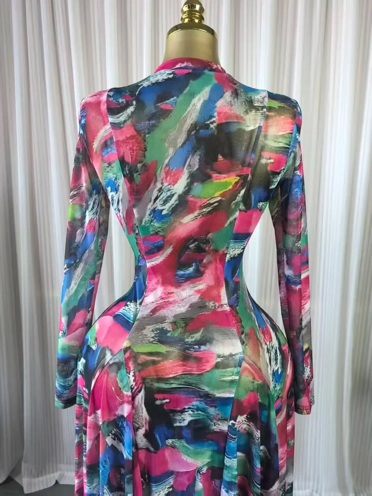 Turkunkan O Neck Long Sleeve Big Swing Tie Dye Print Long Dress