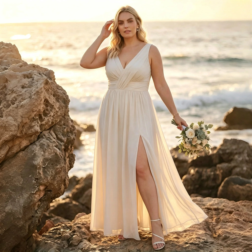 Newark Navy Blue Plus Size Chiffon Bridesmaid Sleeveless Deep V Neck Cross Ruched Dress