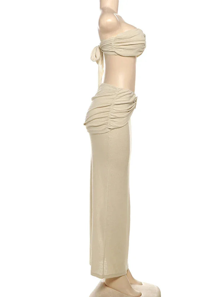 New Paltz Lace Up Backless Strapless Ruche Long Splits Beach Outfits