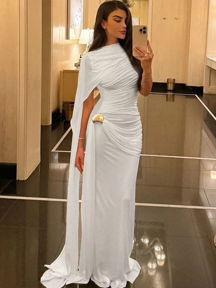 Linden Elegant Ruched O Neck Sleeveless Irregular Ribbon Metal Trim Classic Dress