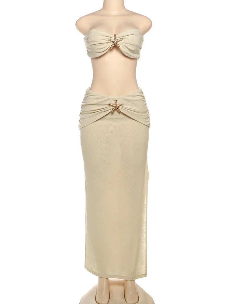 New Paltz Lace Up Backless Strapless Ruche Long Splits Beach Outfits