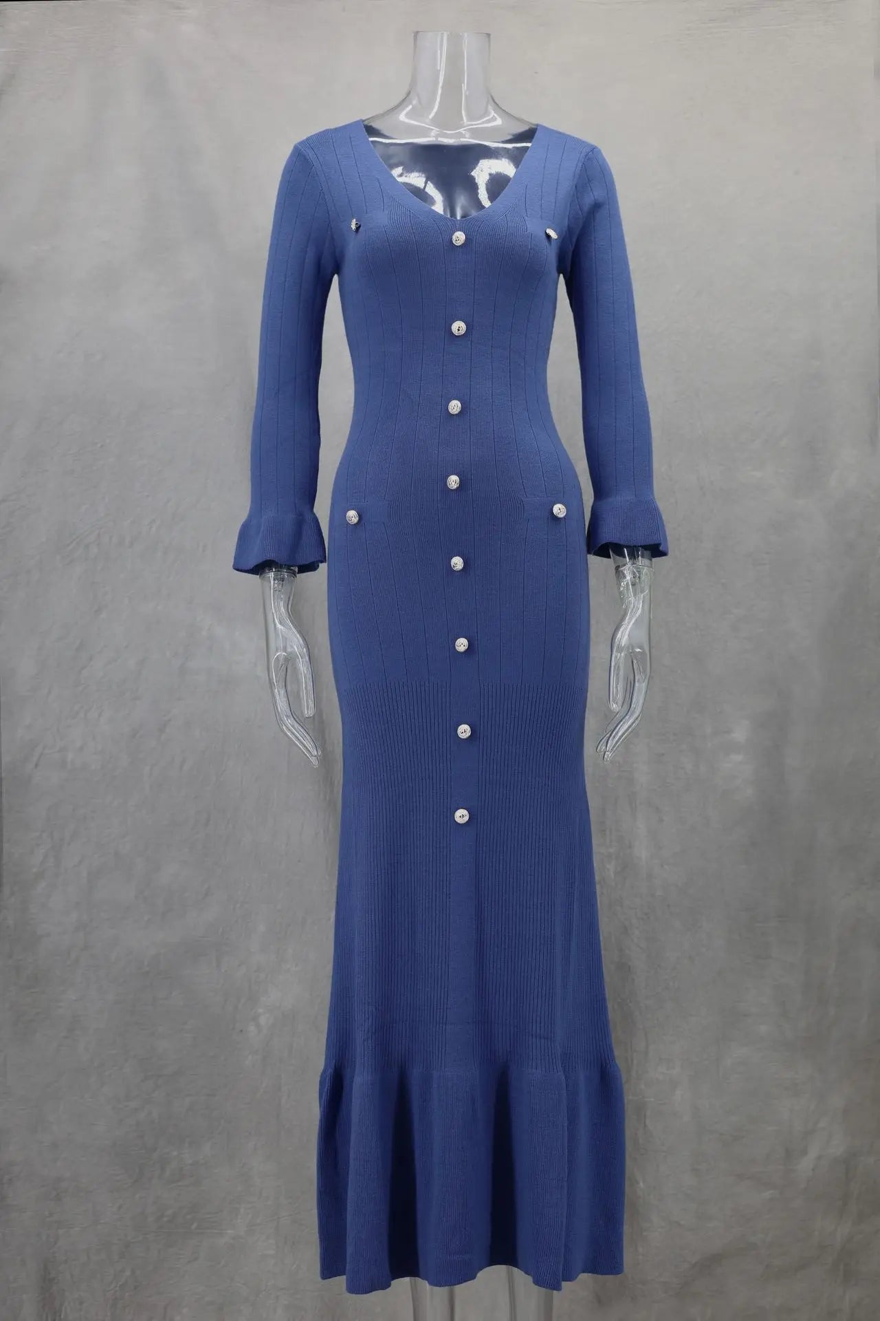 Tennessee Elegant Knitted Fashion V Neck Long Sleeves Slim Buttons Solid Color Long Dress