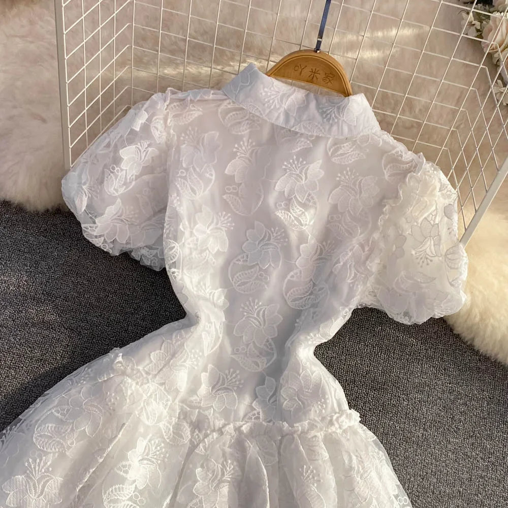 Lyndhurst Vintage Lace Gown Turn Down Collar Puff Sleeve Mini Dress