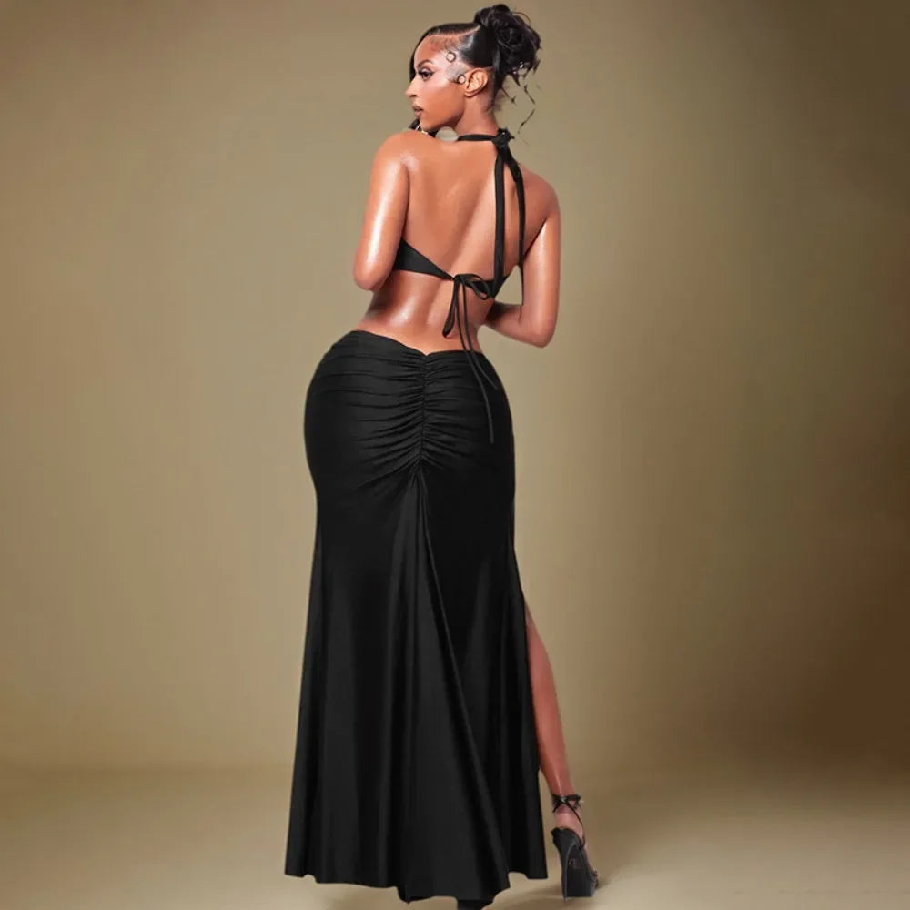 Ancram Hollow Backless Sexy Halter Deep V Neck Sleeveless Ruched Patchwork Dresses