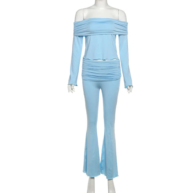 Paola Off Shoulder Solid Slim Casual Outfit Two Piece Sets