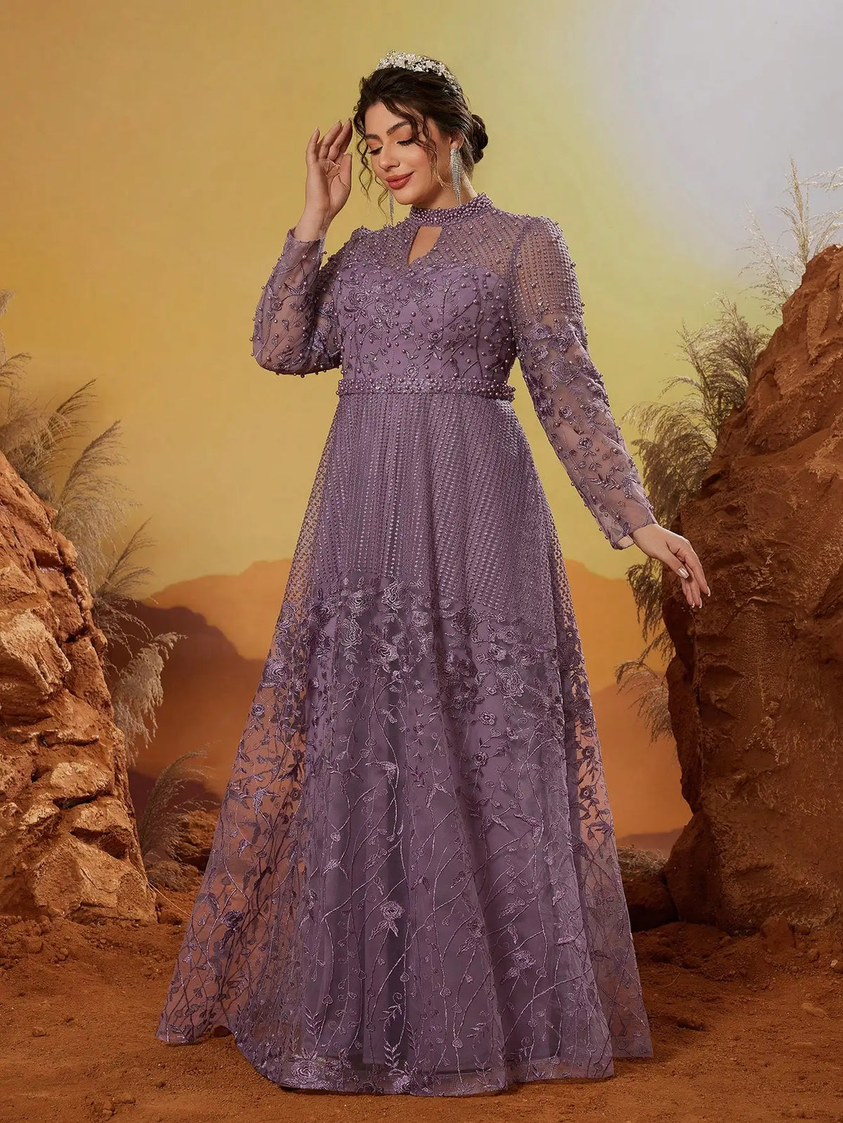 La Perla Elegance Plus Size Long Sleeve Embroidery Lace with Rhinestones Maxi Dress