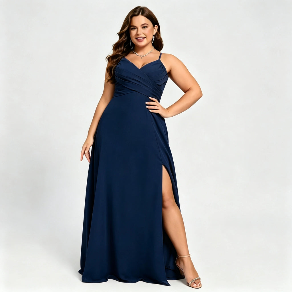 Lawrence Plus Size Chiffon Bridesmaid Dress Dusty Rose Crisscross Back Slit Formal Gown