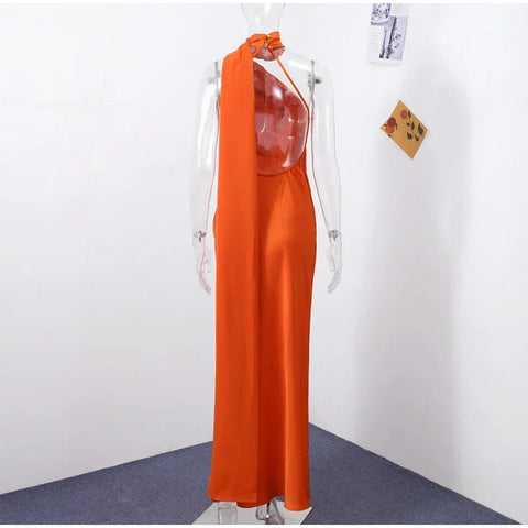 Meadville Elegant Ribbon Halter Solid Off Shoulder Sleeveless Backless Slim Maxi Dress