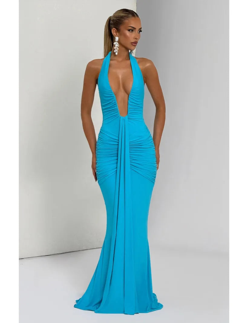 Deep V Neck Draped Ruched Sexy Halter Sleeveless Backless Club Party Long Dress