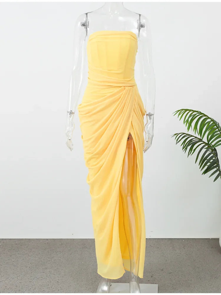 Tapansee Solid Sexy Pleated Strapless Off Shoulder Backless High Waist Split Maxi Dress