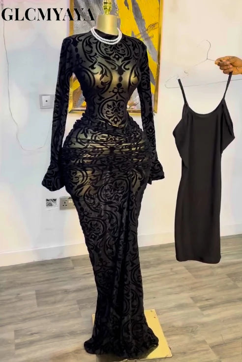 Peru Long Sleeve Stacked Mesh See Though with Lining Bodycon Long Dress