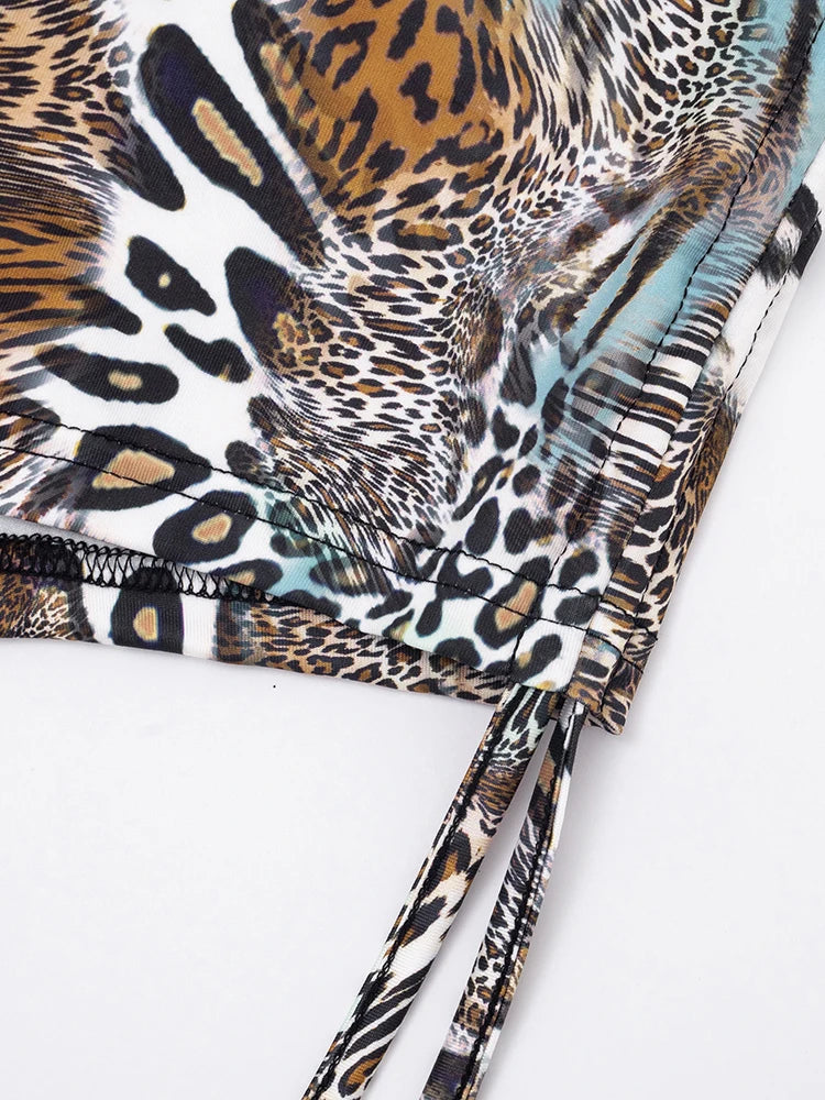 Chinatown Swing Collar Shirring Bell Sleeve Backless Sexy Stretch Leopard Print Suit