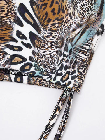 Chinatown Swing Collar Shirring Bell Sleeve Backless Sexy Stretch Leopard Print Suit