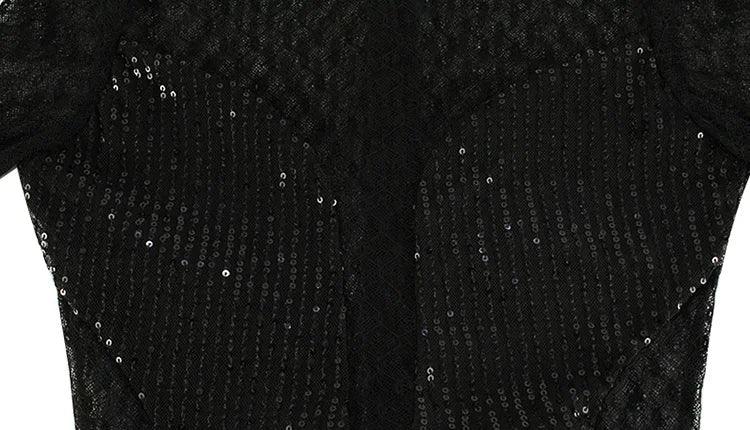 City Hall Mesh Squined Solid See Through O-Neck Regular Long Sleeves Skinny Jumpsuit