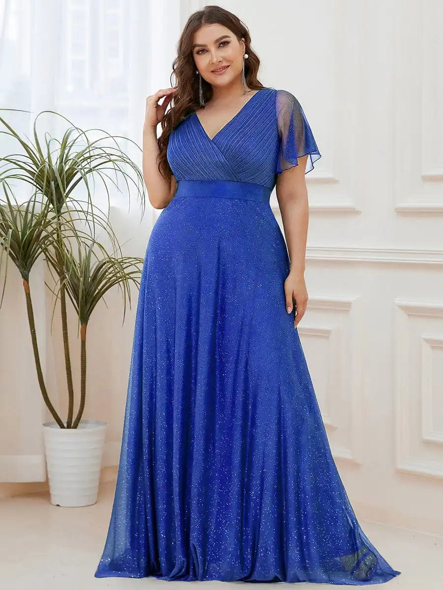 Gazcue Plus Size Chiffon Mother of the Bride Party Glitter V Neck A Line Dress