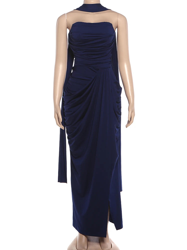 Madrid Folds Elegant Long Ribbon High Slit Chest Wrap Maxi Dress