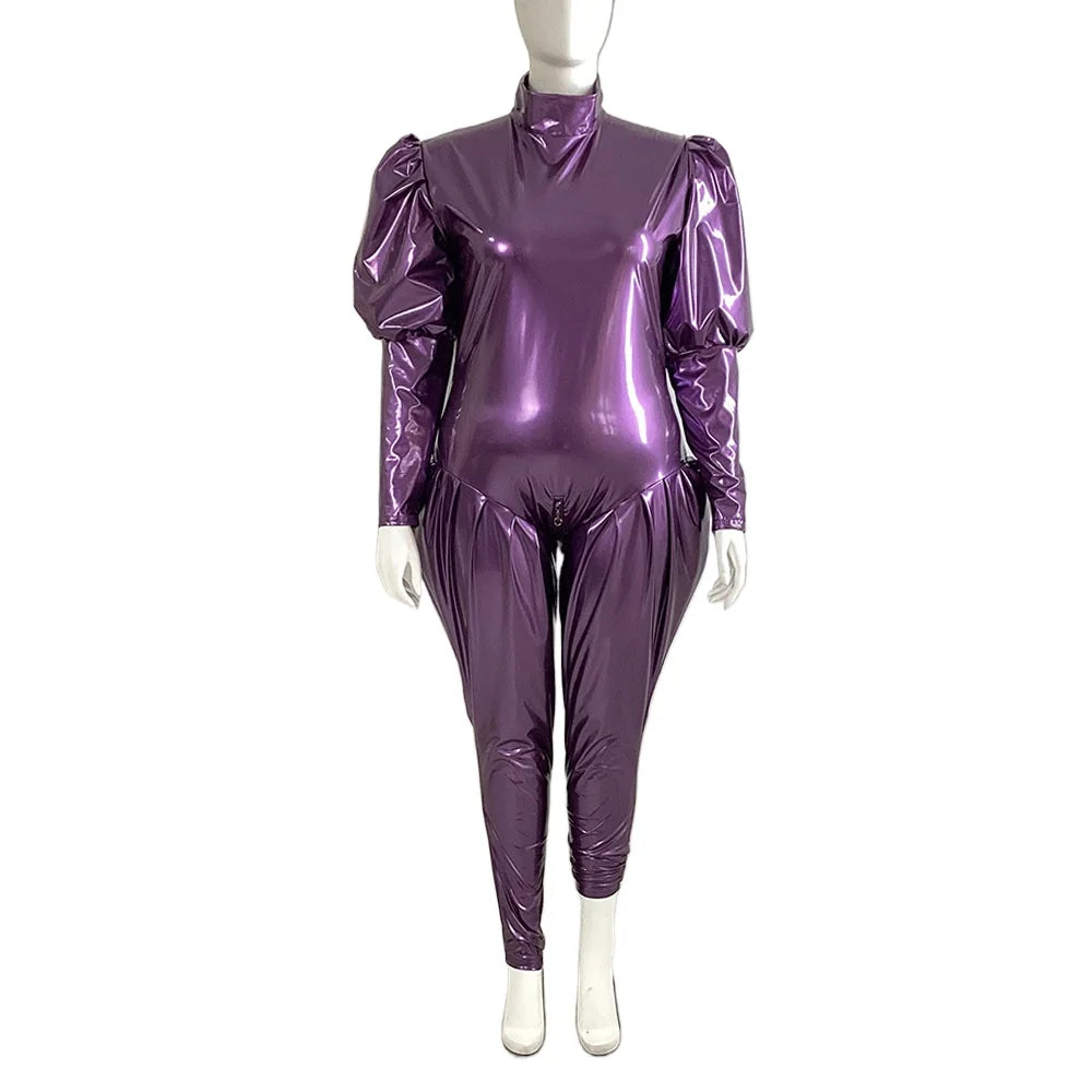Sleeves Jumpsuit Sexy Zipper Open Crotch Catsuit Party High Neck Wetlook Rompers Female