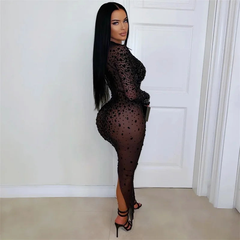 Memphis Mesh See Through Black Rhinestone Luxury Sexy Long Sleeve Bodycon Maxi Dress