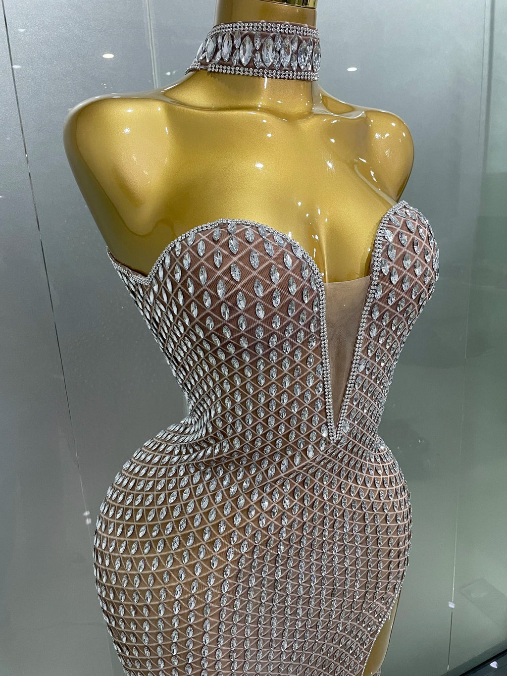 Frederick Full Rhinestones Mesh Transparent Long Elegant Dress