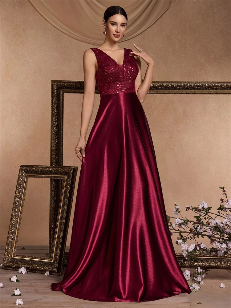 Oklahoma Elegant Sequins Evening Deep V-neck Satin Prom Party Dress