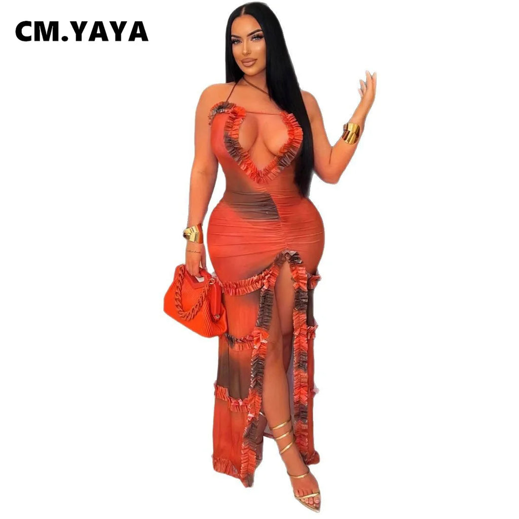 V-neck Strap Tie-dye Print Streetwear Beach Evening Sexy Night Party Split Maxi Dress
