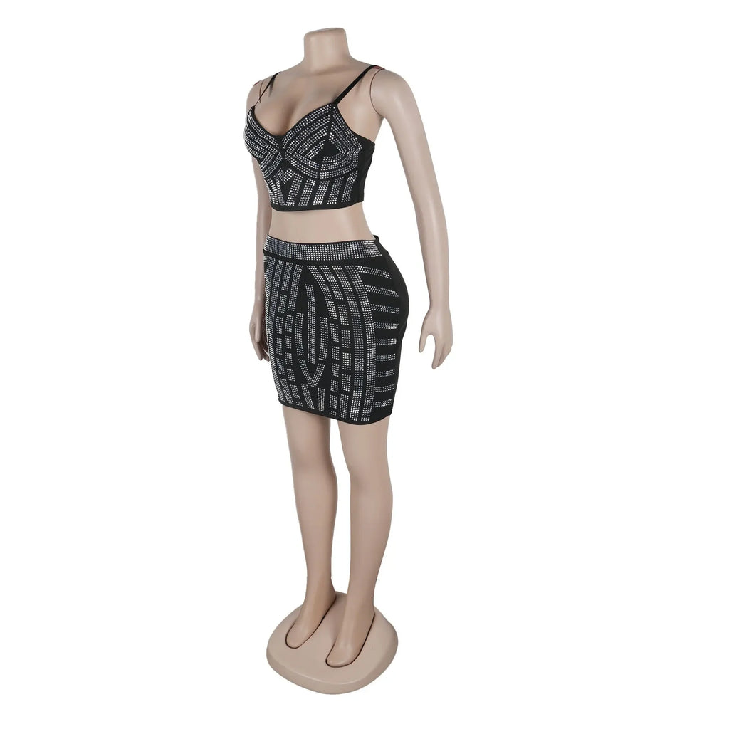 Quogue Black Rhinestone Crop Outfits Night Clubwear Matching Set