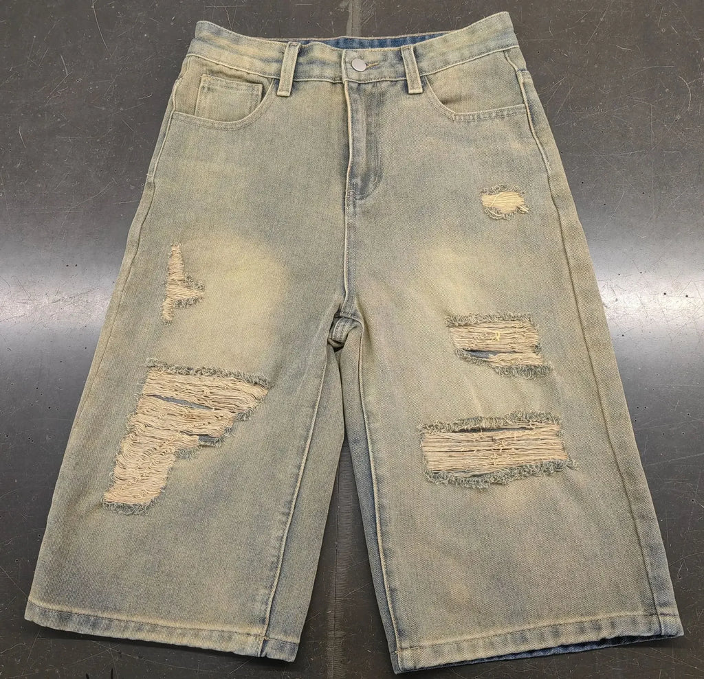Stacy High Waisted Loose Vintage Ripped Denim Mid-length Straight-leg Denim Shorts