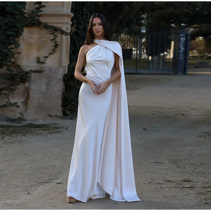 Califon Sexy Satin Ribbon Party Elegant Halter Backless Off Shoulder Sleeveless Maxi Dress