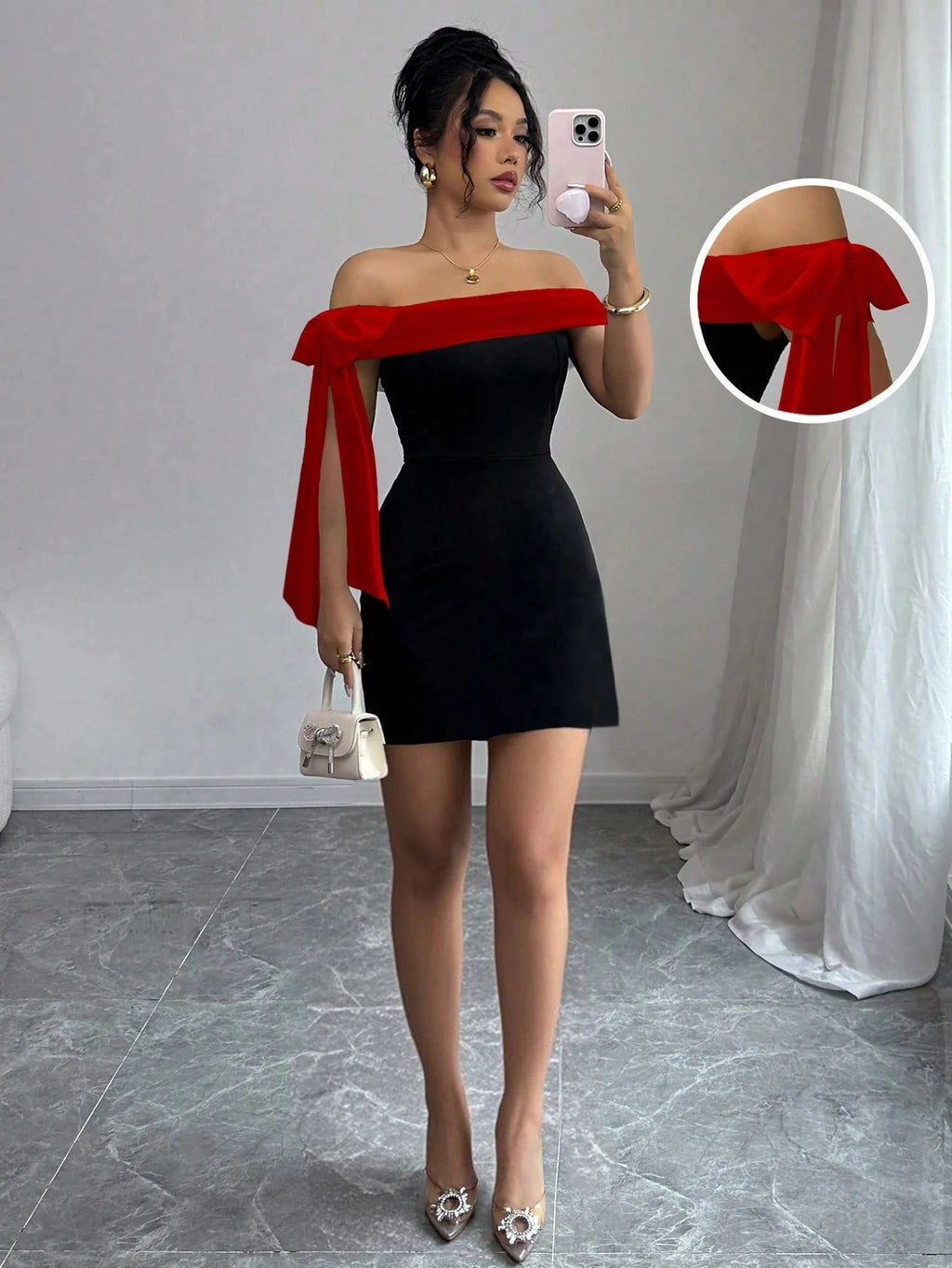 Off Shoulder Red Big Bow Spliced Bodycon Short Elegant Slim Fit Black Little Mini Dress