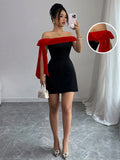 Off Shoulder Red Big Bow Spliced Bodycon Short Elegant Slim Fit Black Little Mini Dress