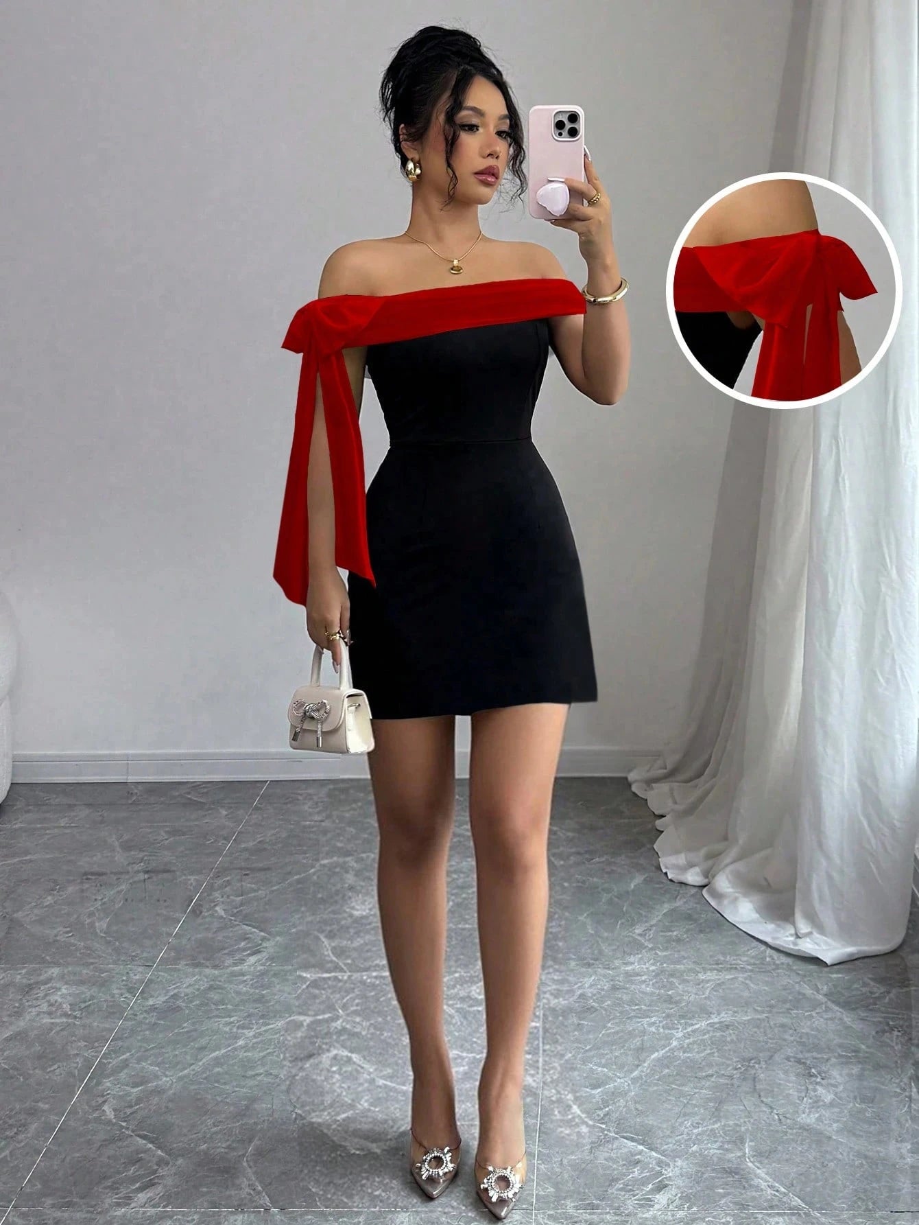 Off Shoulder Red Big Bow Spliced Bodycon Short Elegant Slim Fit Black Little Mini Dress