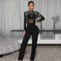 Lincoln Square Rhinestone Patchwork Mesh See Through Long Sleeves Jumpsuit