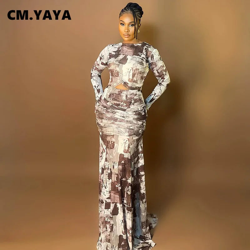 Quintana Roo Printed Ruched Long Sleeve Cutout Maxi Long Dress