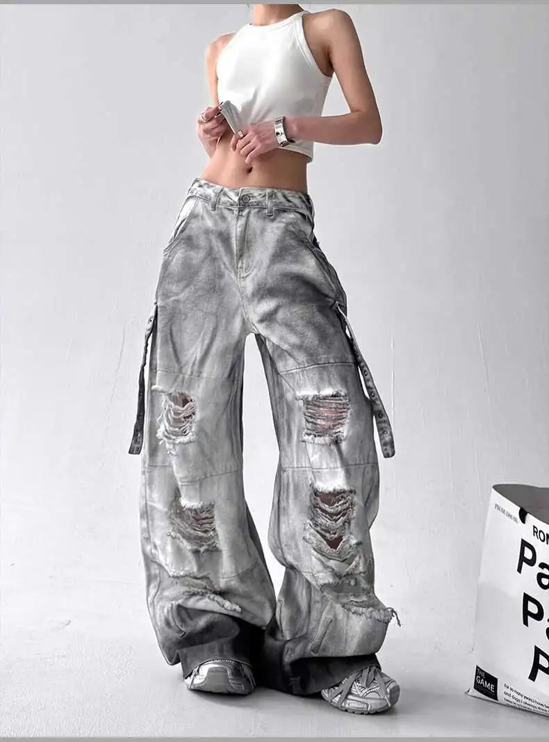 Jeans American High Street Ripped Straight Wide-Leg Jeans For Women Design