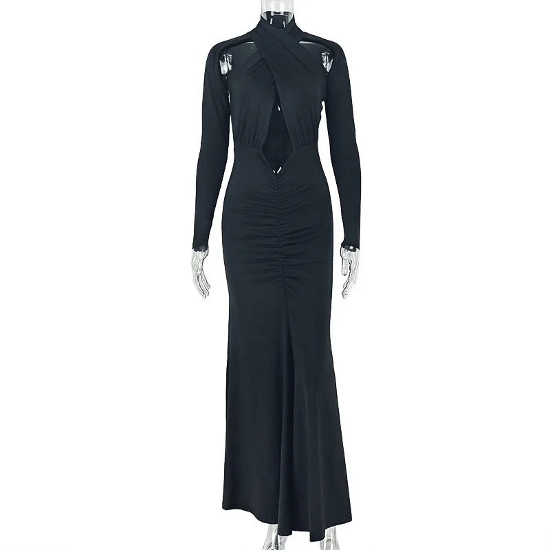 Bedford Turtleneck Hollow Out Chest Wrapped Long Sleeve Pleated Bodycon Long Dress